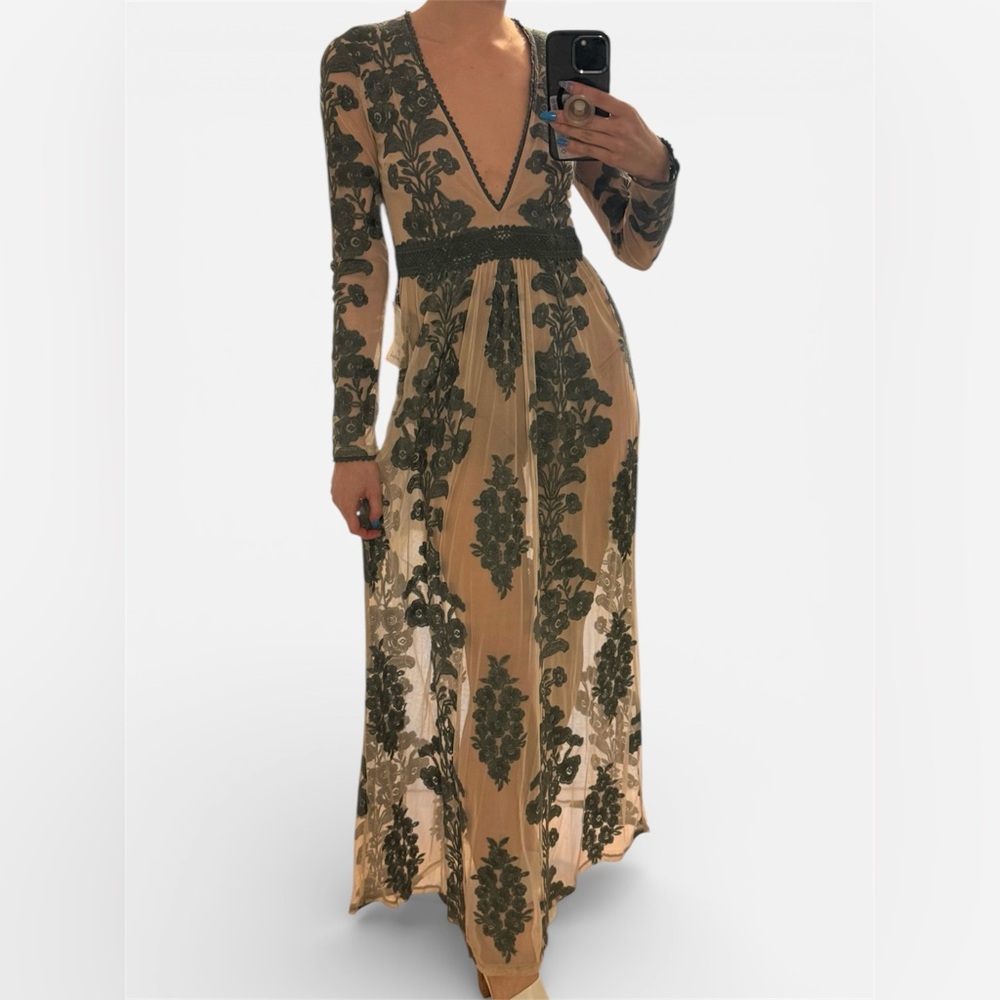 For Love And Lemons Beige and Green Maxi Dress